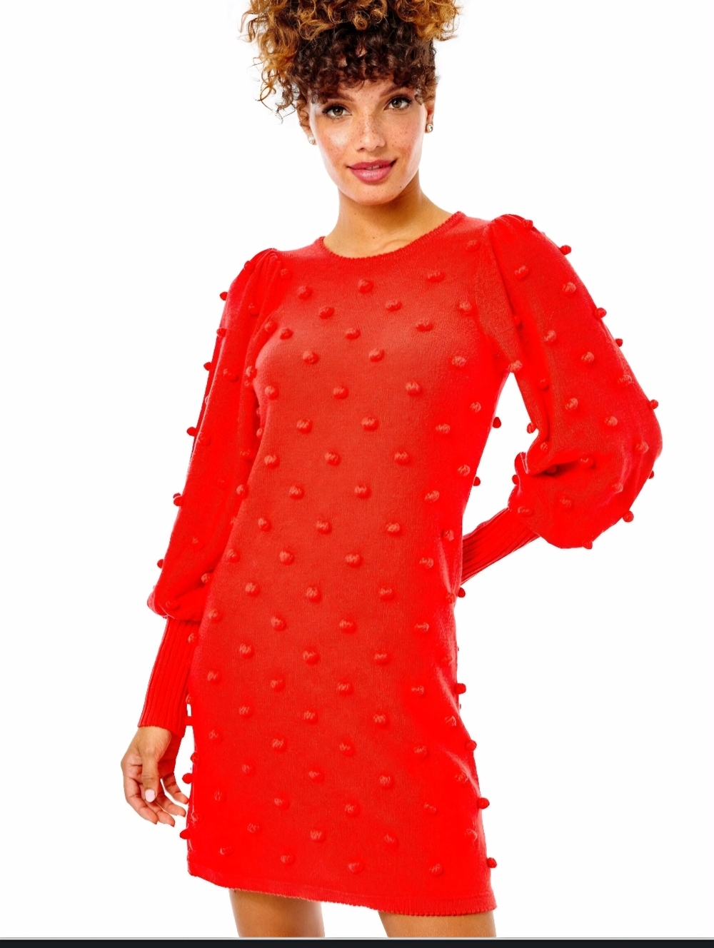 LILLY PULITZER Kippa Red Knit Peasent Sleeve PomPom Sweater Dress Women's SZ L